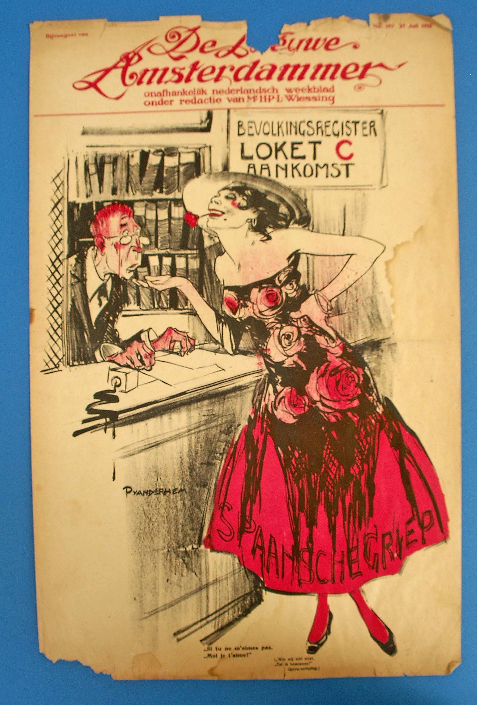 Dutch artist Piet van der Hem portrayed the Spanish Lady as a macabre temptress. She is flirting with the clerk in charge of "Population Counter C, Arrivals," by cooing, "If you don't love me, I love you." 